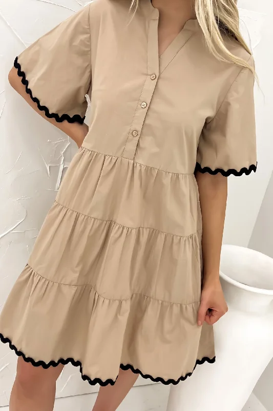 Kruze Mini Dress Latte Black Fashionable Button-Front Mini Dress