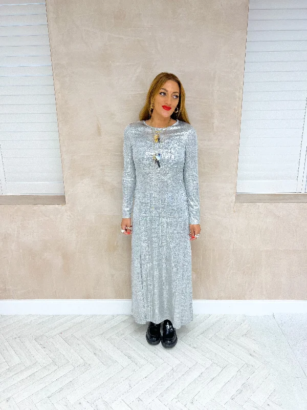 Long Sleeve Maxi Dress In Brushed Silver Metallic Comfortable Fitted Maxi Dress