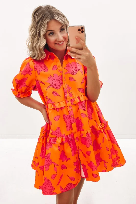 Maddie Mini Dress Orange Hot Pink Stylish Floral Print Mini Dress