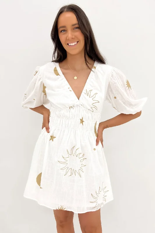 Mahlia Mini Dress White Tan Trendy Cut-Out Mini Dress
