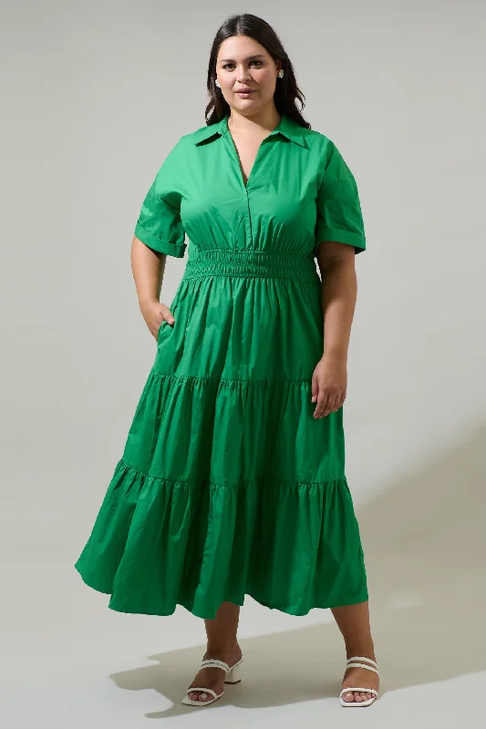 Milah Tiered Collared Maxi Dress Curve Casual Maxi Dress with Pockets