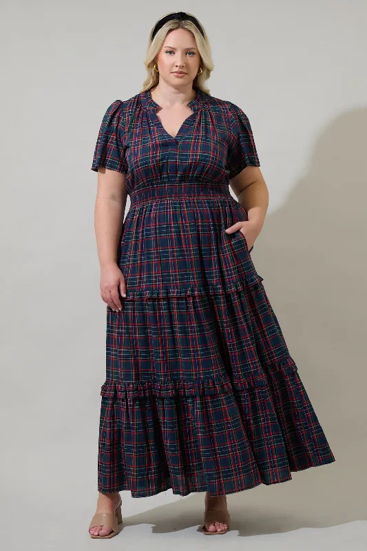 Miley Plaid Palmer Poplin Tiered Maxi Dress Curve Cozy Open-Back Maxi Dress