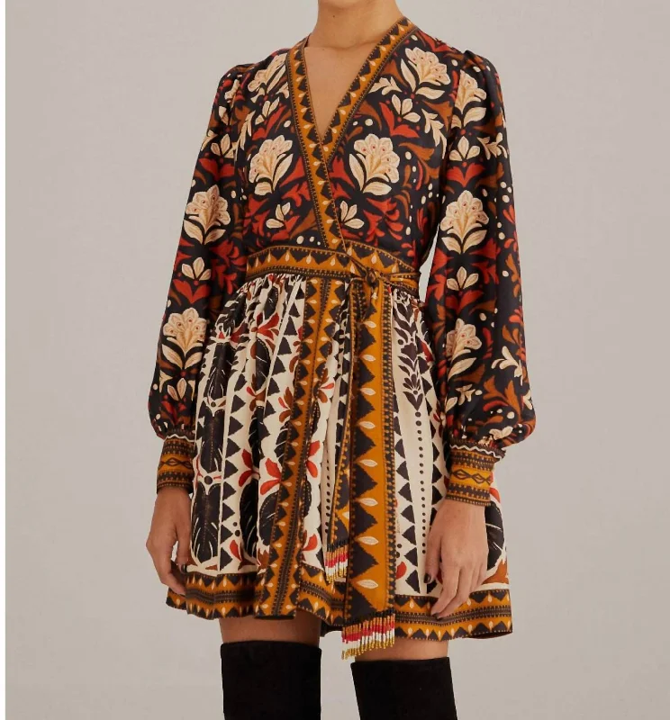 Multicolor Tapestry Garden V Neck Mini Dress In Tapestry Garden Multicolor Elegant Satin Lace Mini Dress