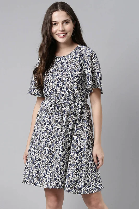 Off-White Polyester Abstract Print Fit & Flare Mini Dress Stylish Spaghetti Strap Mini Dress