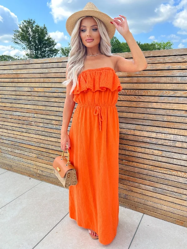 Orange Santorini Bardot Maxi Dress Elegant Floral Maxi Dress