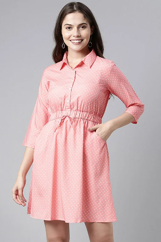 Pink Crepe Polka Dot Mini Dress Stylish Floral Print Mini Dress