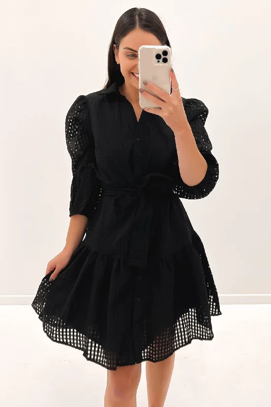 Polley Mini Dress Black Trendy Off-Shoulder Dress Mini