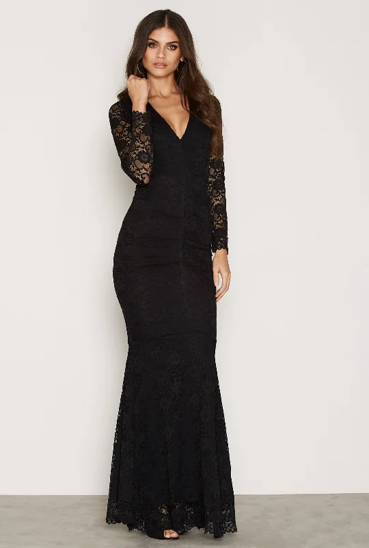 SAVANNAH BLACK LACE WITH LONG SLEEVES FISHTAIL MAXI DRESS Trendy Short Sleeve Maxi Dress SAVANNAH BLACK LACE WITH LONG SLEEVES FISHTAIL MAXI DRESS Trendy Short Sleeve Maxi Dress