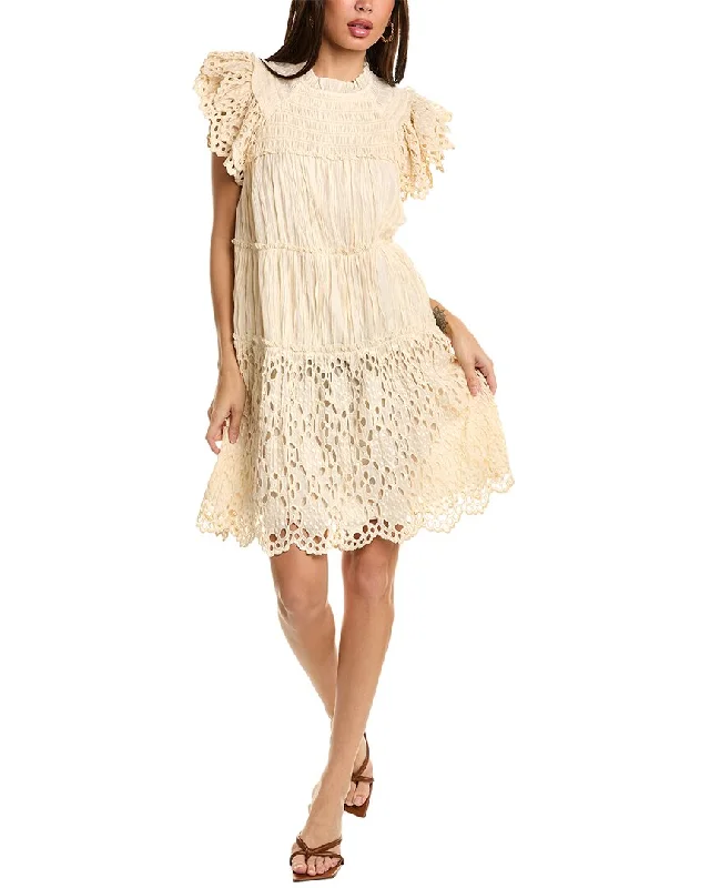 SEA NY Elise Pleat Eyelet Flutter Sleeve Tunic Mini Dress Comfortable Smocked Mini Dress