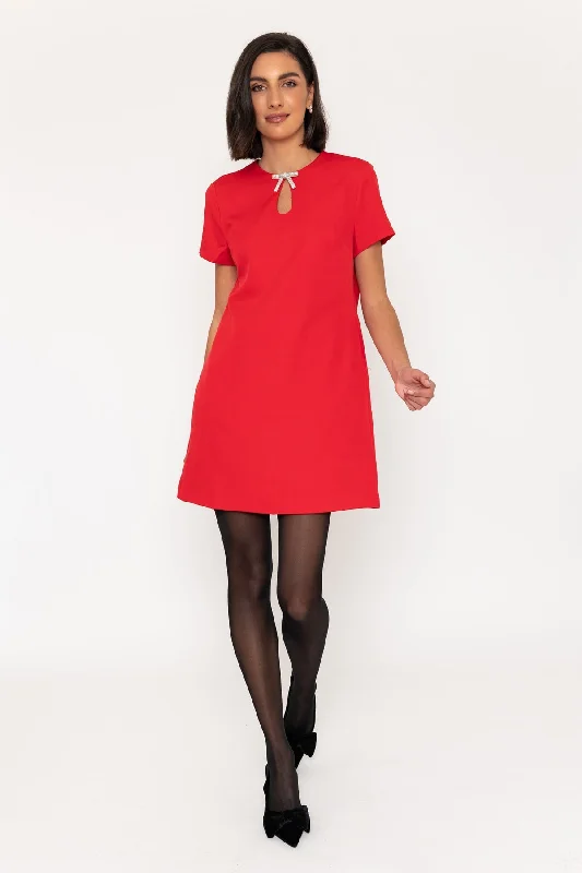 Short Sleeve Diamante Bow Mini Dress in Red Stylish Summer Mini Dress