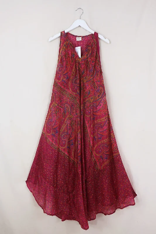 Siren Maxi Dress - Amethyst Pink Strewn Floral - Vintage Silk - Free Size Comfortable Ruffle Hem Maxi Dress Siren Maxi Dress - Amethyst Pink Strewn Floral - Vintage Silk - Free Size Comfortable Ruffle Hem Maxi Dress