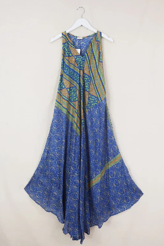 Siren Maxi Dress - Cobalt Blue & Silver Floral Insignias - Vintage Silk - Free Size Elegant Sleeveless Maxi Dress Siren Maxi Dress - Cobalt Blue & Silver Floral Insignias - Vintage Silk - Free Size Elegant Sleeveless Maxi Dress