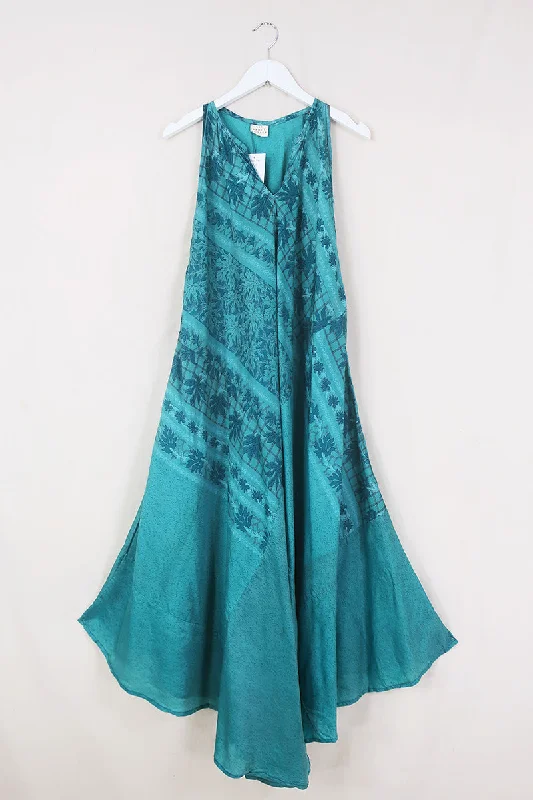 Siren Maxi Dress - Fallen Leaves in a Blue Pool - Vintage Silk - Free Size Fashionable High-Low Maxi Dress Siren Maxi Dress - Fallen Leaves in a Blue Pool - Vintage Silk - Free Size Fashionable High-Low Maxi Dress
