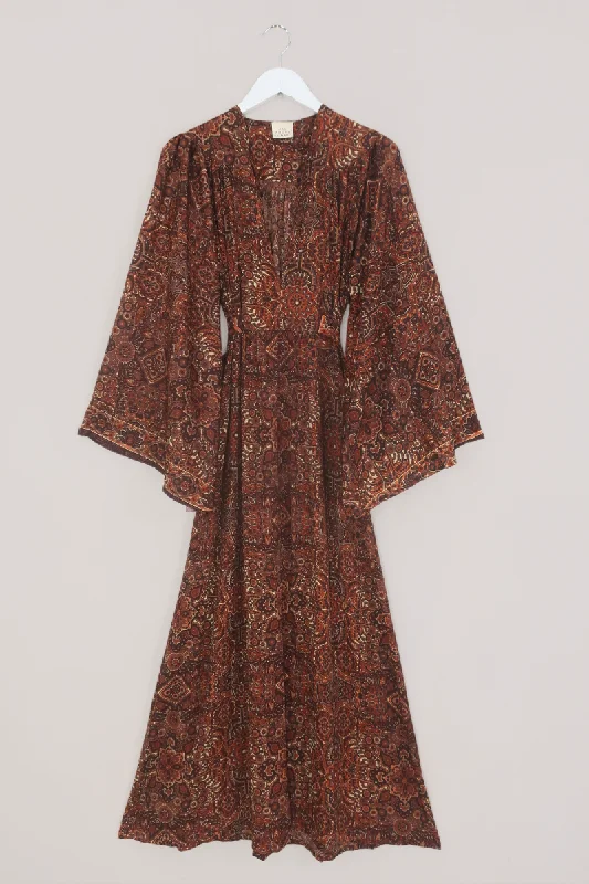Stevie Maxi Dress in Dylan Brown Mandala Trendy Floral Print Maxi Dress