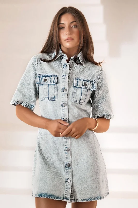 Tatum Denim Mini Dress Sky Blue Elegant Lace-Up Mini Dress