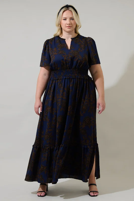 Tolleson Floral Valencia Split Neck Maxi Dress Curve Trendy Maxi Dress with Lace