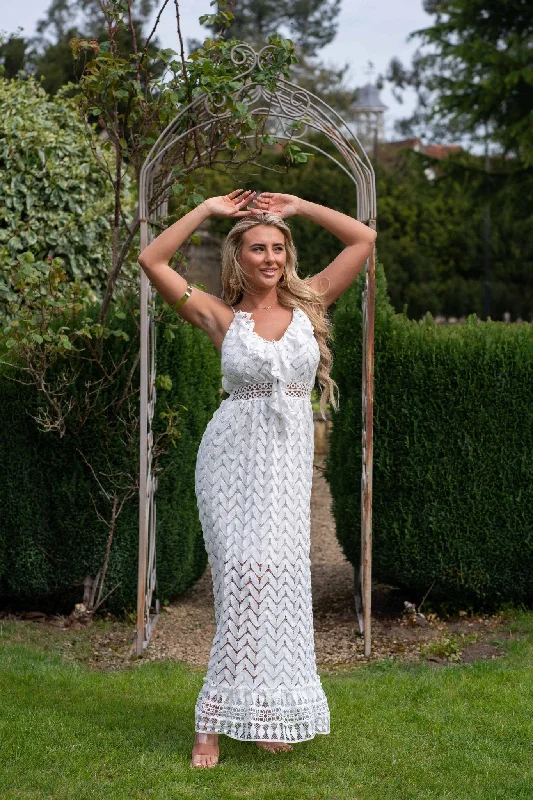 White Boho Frill Front Maxi Dress Comfortable Casual Maxi Dress