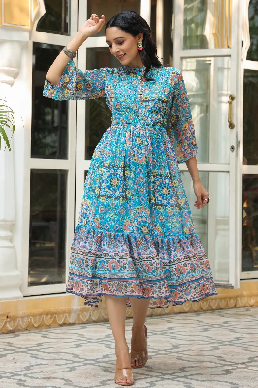 Women's Aqua Blue Chiffon Printed Tiered Maxi Dress - Juniper Fashionable Sheer Maxi Dress