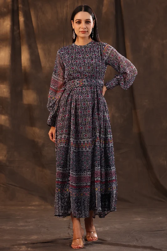 Women's Navy Blue Chiffon Printed Flared Maxi Dress - Juniper Stylish Maxi Dress with Frills Women's Navy Blue Chiffon Printed Flared Maxi Dress - Juniper Stylish Maxi Dress with Frills