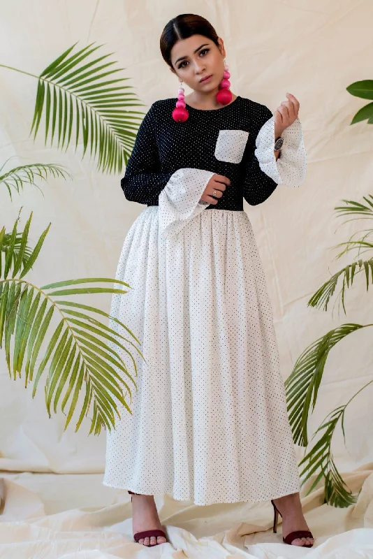 Women's Monochrome Maxi Dress - Khumaar- Shuchi Bhutani Stylish Pleated A-Line Maxi Dress