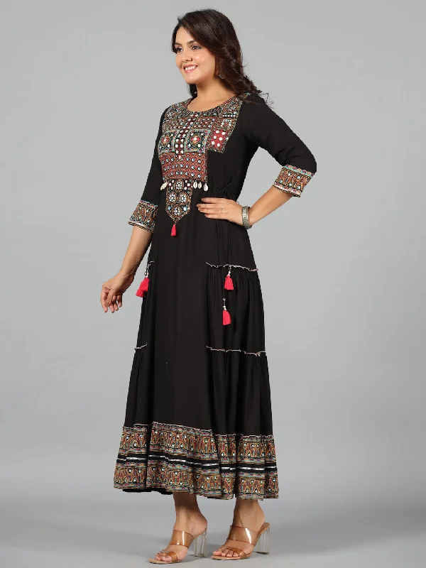 Women's Black Rayon Staple Printed Tiered Maxi Dress - Juniper Fashionable Faux Wrap Maxi Dress Women's Black Rayon Staple Printed Tiered Maxi Dress - Juniper Fashionable Faux Wrap Maxi Dress