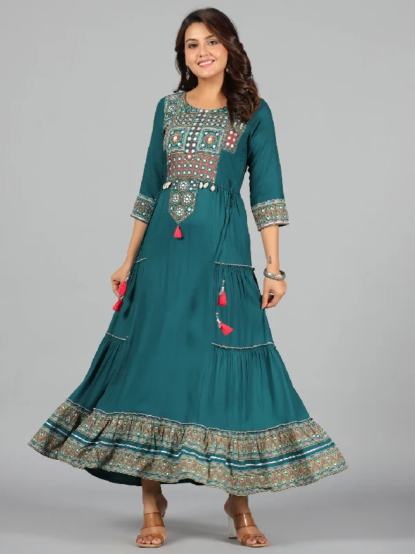 Women's Teal Rayon Staple Printed Tiered Maxi Dress - Juniper Comfortable Maxi Dress with Slits Women's Teal Rayon Staple Printed Tiered Maxi Dress - Juniper Comfortable Maxi Dress with Slits