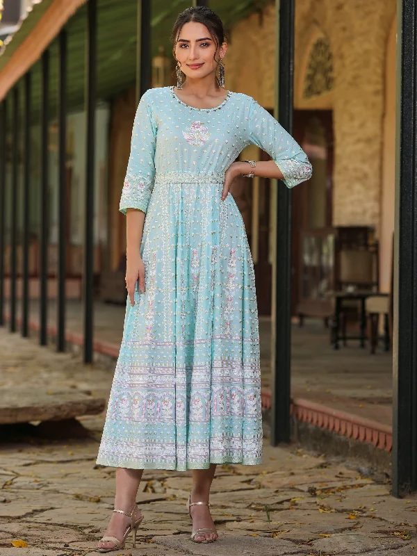 Women's Sky Blue Rayon Staple Printed Maxi Dress - Juniper Fashionable High-Low Maxi Dress Women's Sky Blue Rayon Staple Printed Maxi Dress - Juniper Fashionable High-Low Maxi Dress