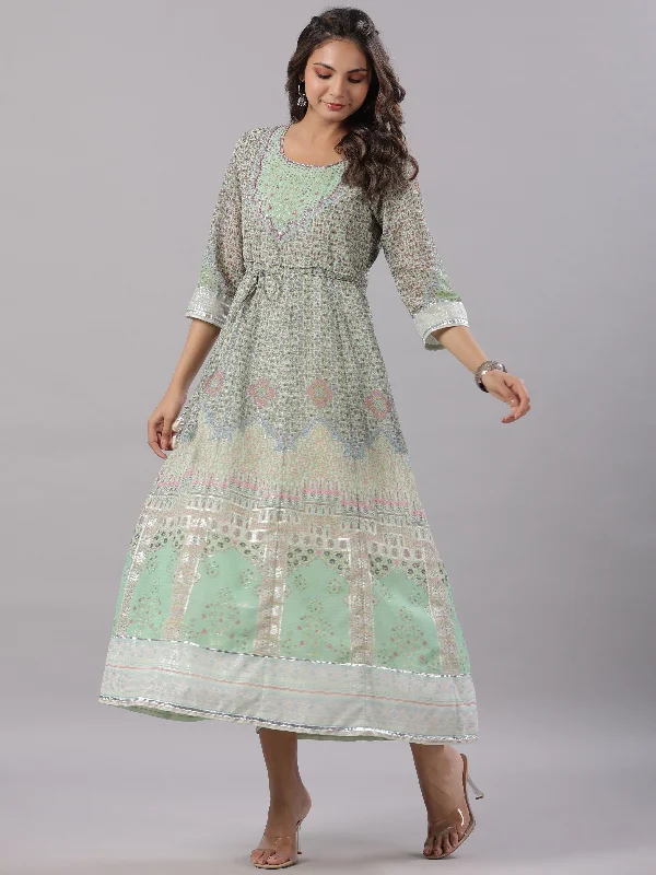 Women's Green Georgette Printed Maxi Dress - Juniper Comfortable Ruffle Hem Maxi Dress Women's Green Georgette Printed Maxi Dress - Juniper Comfortable Ruffle Hem Maxi Dress