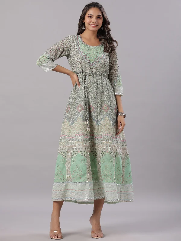 Women's Peach Georgette Printed Maxi Dress - Juniper Cozy Longline Maxi Dress