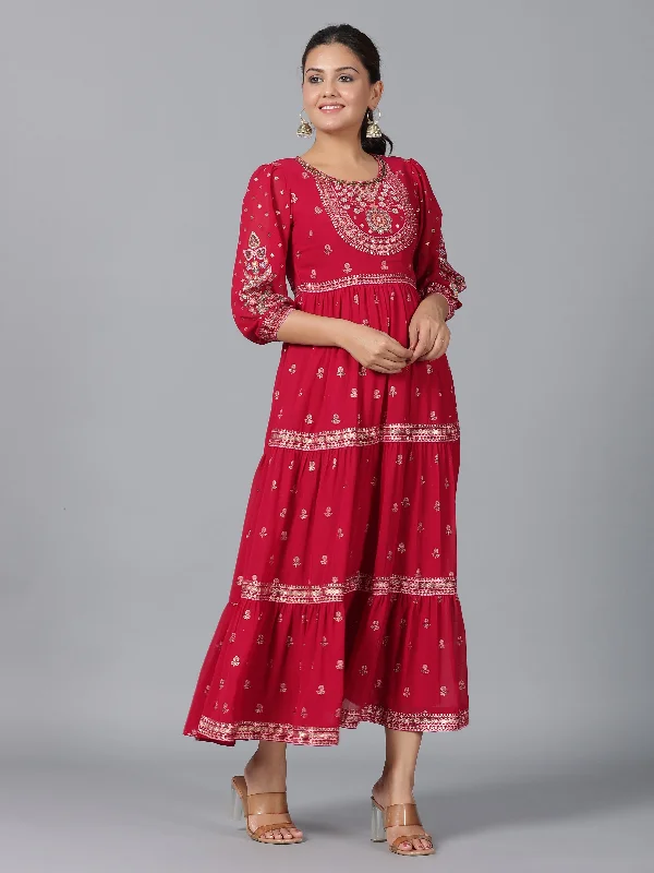 Women's Red Georgette Printed Tiered Maxi Dress - Juniper Chic Off-Shoulder Maxi Dress Women's Red Georgette Printed Tiered Maxi Dress - Juniper Chic Off-Shoulder Maxi Dress