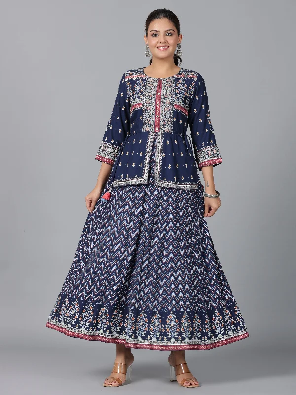 Women's Indigo Shantoon Printed Maxi Dress - Juniper Trendy Maxi Dress with Lace