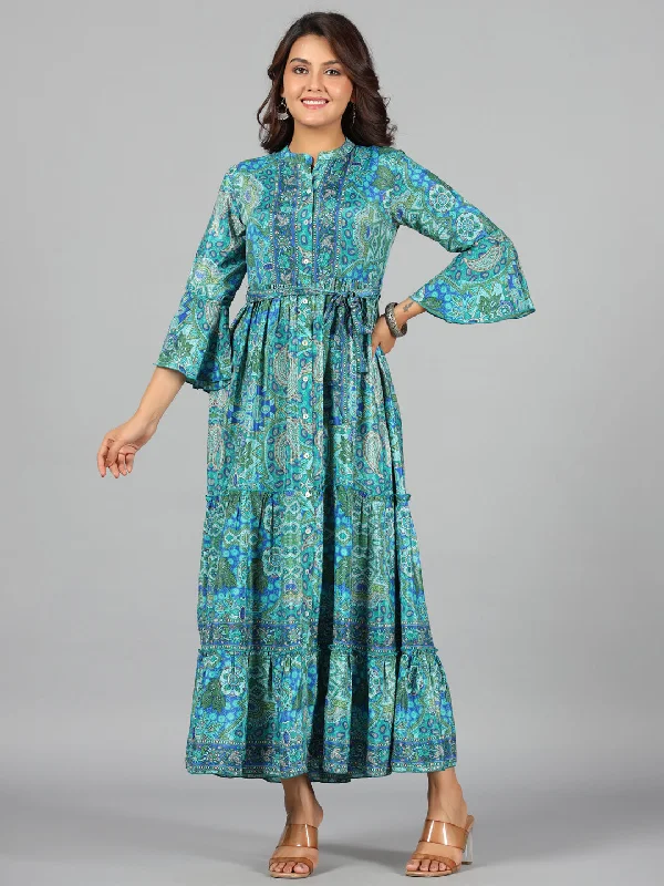 Women's Blue Kasturi Silk Printed Tiered Maxi Dress - Juniper Elegant Tiered Maxi Dress Women's Blue Kasturi Silk Printed Tiered Maxi Dress - Juniper Elegant Tiered Maxi Dress