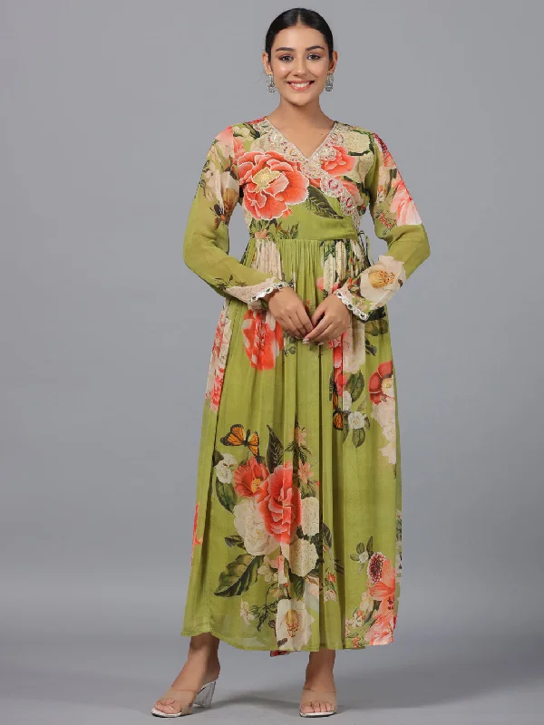 Women's Green Georgette Printed Maxi Dress - Juniper Stylish Boho Maxi Dress
