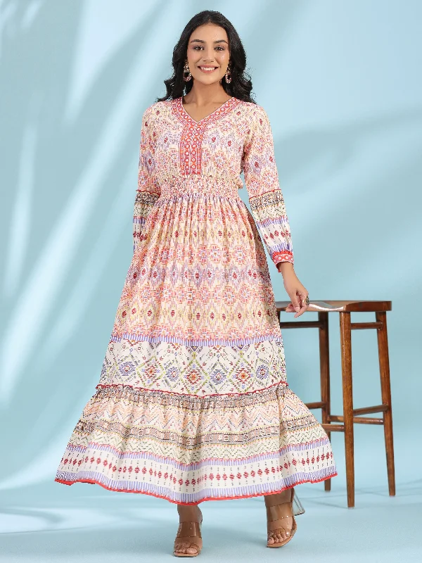 Women's Off-White Rayon Printed Maxi Dress - Juniper Fashionable Chiffon Tiered Maxi Dress