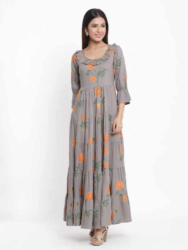 Women's Grey Rayon Maxi Dress by Kipek (1pc) Fashionable Asymmetrical Maxi Dress