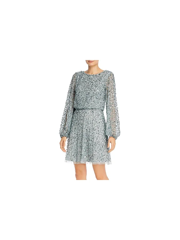 Womens Sequined Blouson Mini Dress Cozy Ruched Mini Dress