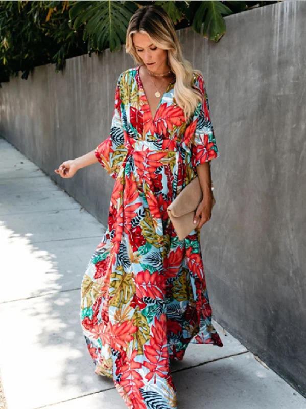 Women's Vintage Sweet Flower Maxi Dress With Belt Comfortable Maxi Dress with Slits
