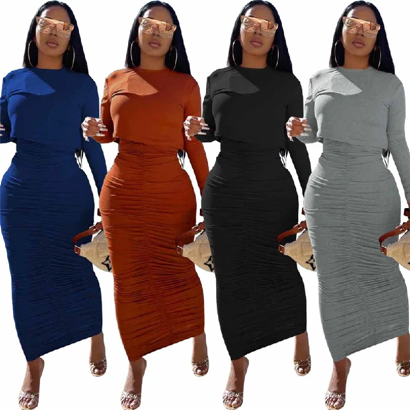 Women Clothing 2 Piece crop top Set Long Sleeve Two Piece Skirt Set For Women denim skirt trendy