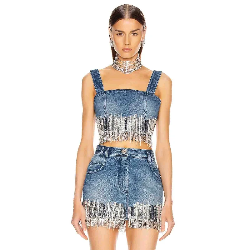 Stylish Off-shoulder Sleeveless denim top and sexy skirt Tassel Sequined clothing 2 pieces outfits for female lace skirt feminine Stylish Off-shoulder Sleeveless denim top and sexy skirt Tassel Sequined clothing 2 pieces outfits for female lace skirt feminine