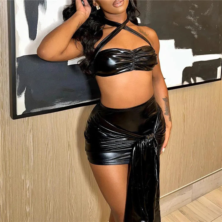 Bronzing Shiny Two Piece Set Women Solid Halter Sleeveless Crop Tops+High Waist Bandage Hip Skirts Set tulle skirt dreamy Bronzing Shiny Two Piece Set Women Solid Halter Sleeveless Crop Tops+High Waist Bandage Hip Skirts Set tulle skirt dreamy