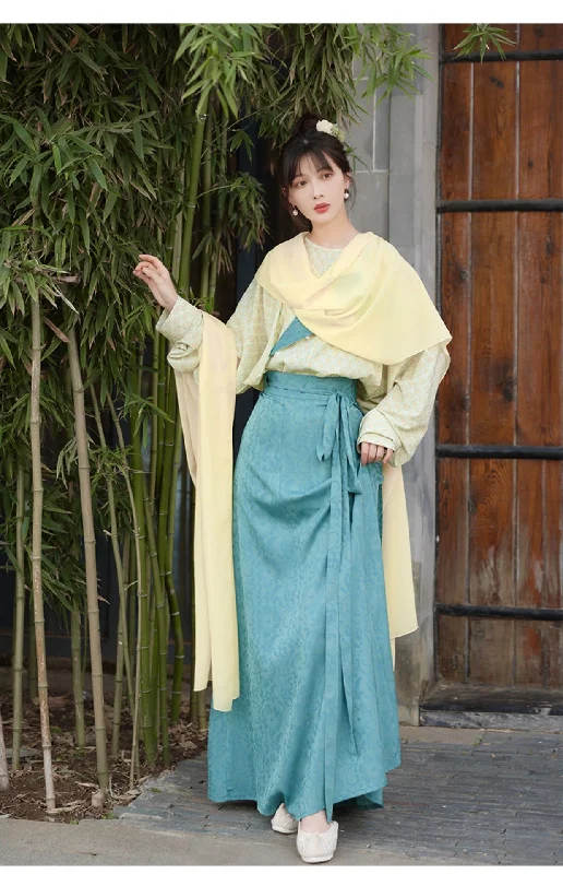 Chixia~Han Lolita Blue Eight-piece Skirt and Yellow Shirt corduroy skirt durable