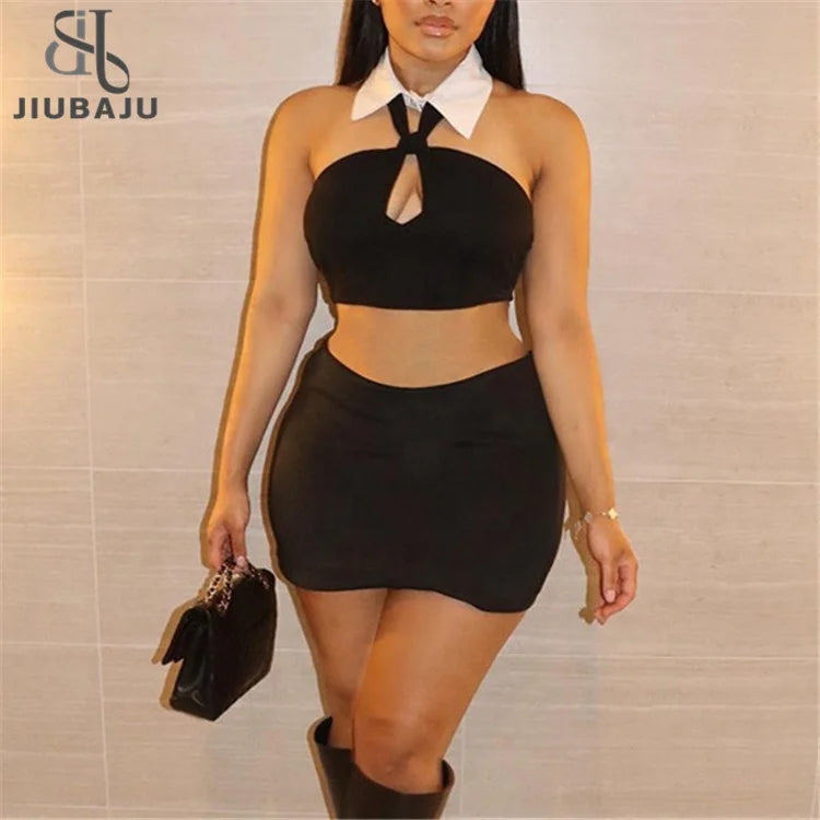 Halter Lapel 2 Piece Set Women Office Sexy Sleeveless Bare Midriff Tops+Solid Mini Skirts Slim Female Suit denim skirt durable Halter Lapel 2 Piece Set Women Office Sexy Sleeveless Bare Midriff Tops+Solid Mini Skirts Slim Female Suit denim skirt durable