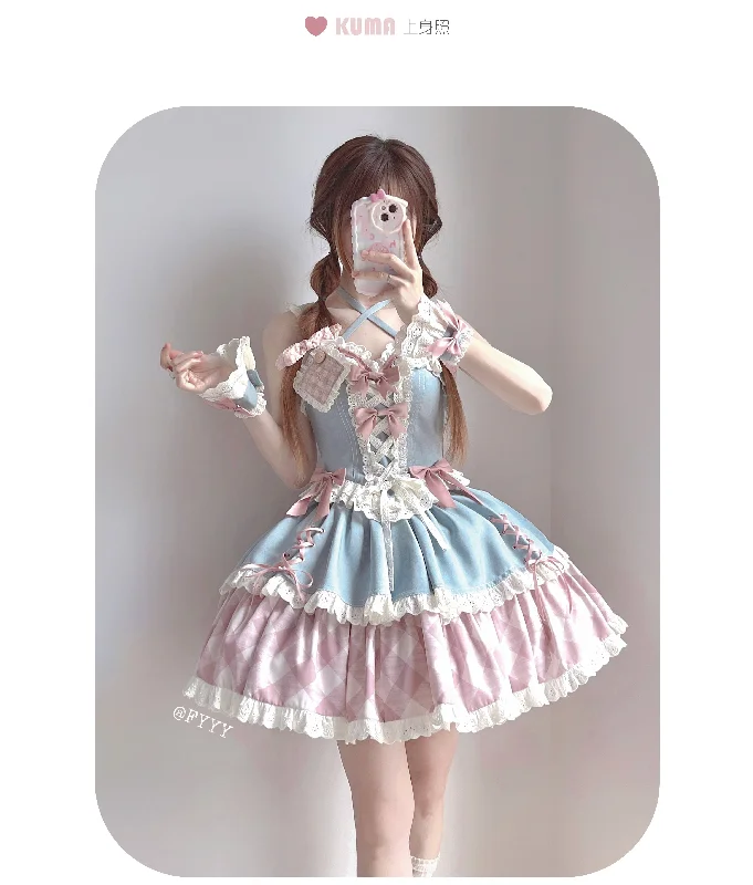 full set of blue with pink plaid top + skirt + all accessories