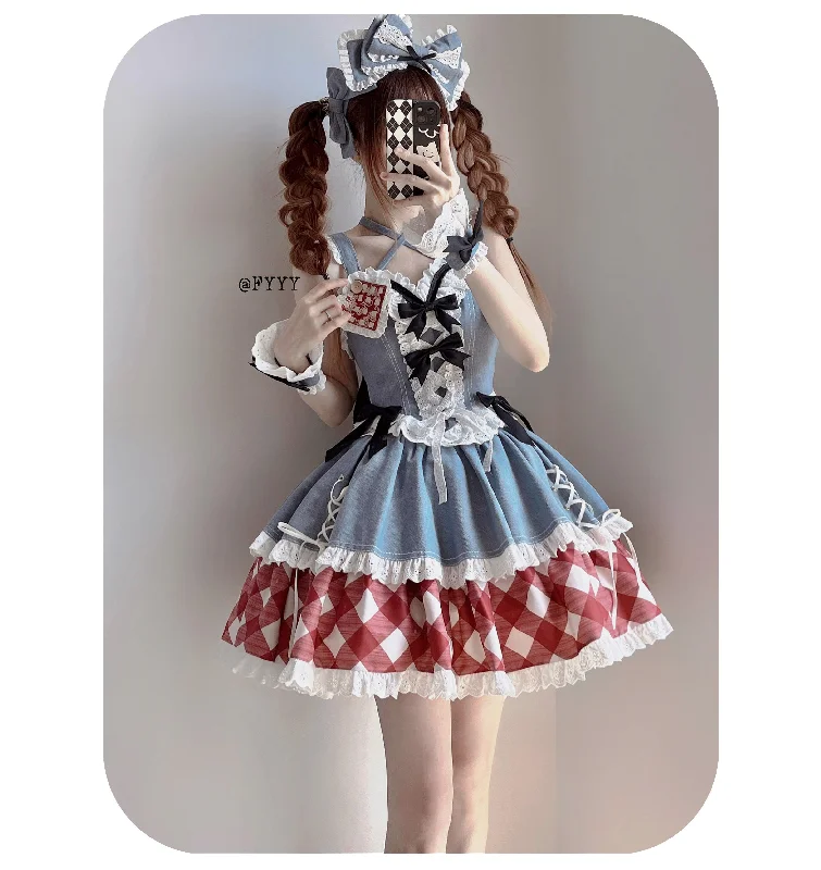 full set of denim red plaid top + skirt + all accessories