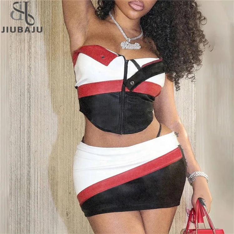 Leather 2 Piece Set Women Zip up Slim Wrapped Chest Irregularly Tops+Casual Mini Skirts Female Suits chiffon skirt floaty Leather 2 Piece Set Women Zip up Slim Wrapped Chest Irregularly Tops+Casual Mini Skirts Female Suits chiffon skirt floaty