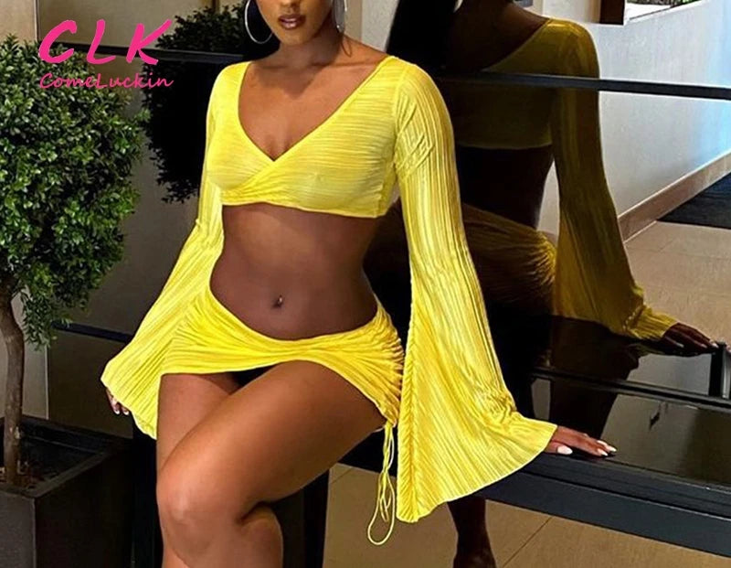 Long Sleeve Sexy Two Piece Skirt Set Vacation Beach For Women 2023 Summer Yellow Plicated Bodycon Mini Skirt Set denim skirt trendy Long Sleeve Sexy Two Piece Skirt Set Vacation Beach For Women 2023 Summer Yellow Plicated Bodycon Mini Skirt Set denim skirt trendy