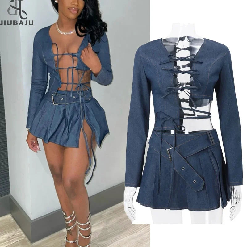 Multi Bow Bandage Hollow Out Long Sleeve Crop Tops With Mini Pleated Skirts + Belt Fashion Women 2 Piece Sets chiffon skirt delicate Multi Bow Bandage Hollow Out Long Sleeve Crop Tops With Mini Pleated Skirts + Belt Fashion Women 2 Piece Sets chiffon skirt delicate