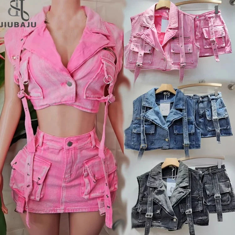 Retro Pink Big Pockets Denim Suit Spring Summer Sleeveless Short Vest High Waist Hip Wrapped Skirt 2 Pieces Sets denim skirt classic Retro Pink Big Pockets Denim Suit Spring Summer Sleeveless Short Vest High Waist Hip Wrapped Skirt 2 Pieces Sets denim skirt classic
