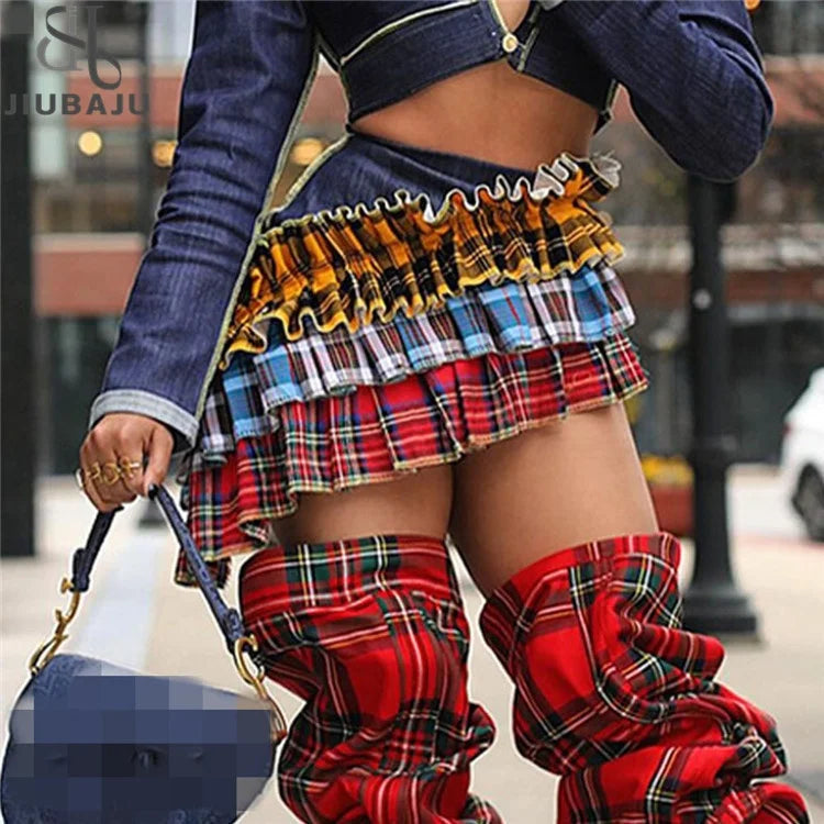 Sexy Irregular Plaid Stitching Denim Mini Skirt Women High Waist A-line Short Skirts silk skirt elegant Sexy Irregular Plaid Stitching Denim Mini Skirt Women High Waist A-line Short Skirts silk skirt elegant