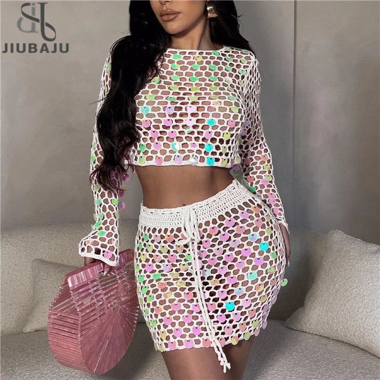 Sexy Two Piece Set Hollow Out Knit Sequin Crop Top and Mini Skirt Crochet Outfit for Women chiffon skirt airy Sexy Two Piece Set Hollow Out Knit Sequin Crop Top and Mini Skirt Crochet Outfit for Women chiffon skirt airy